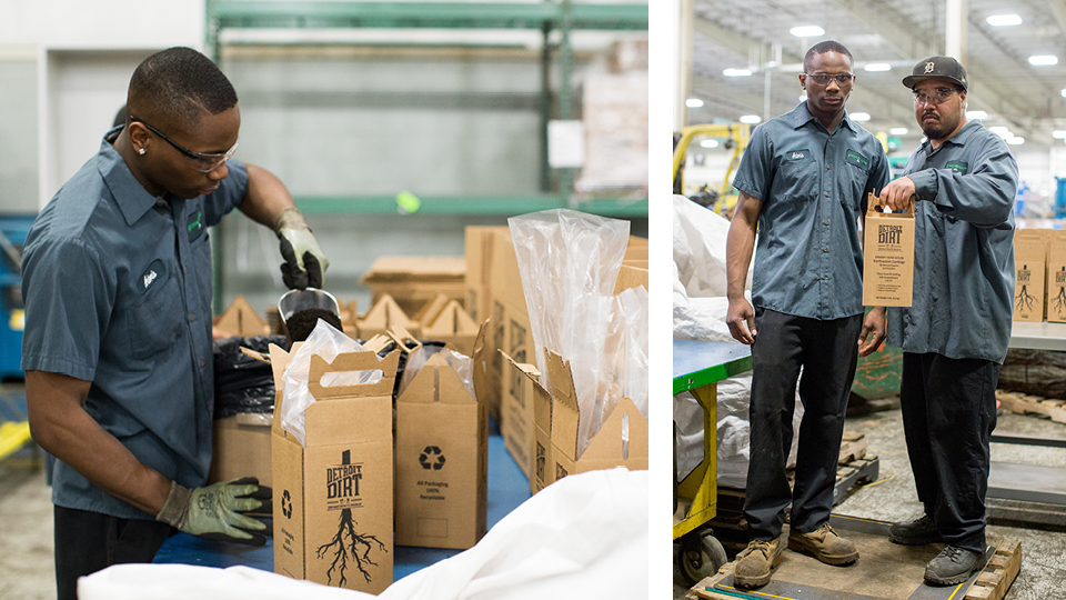 Employees packaging up Detroit Dirt's worm castings product at Green Works.